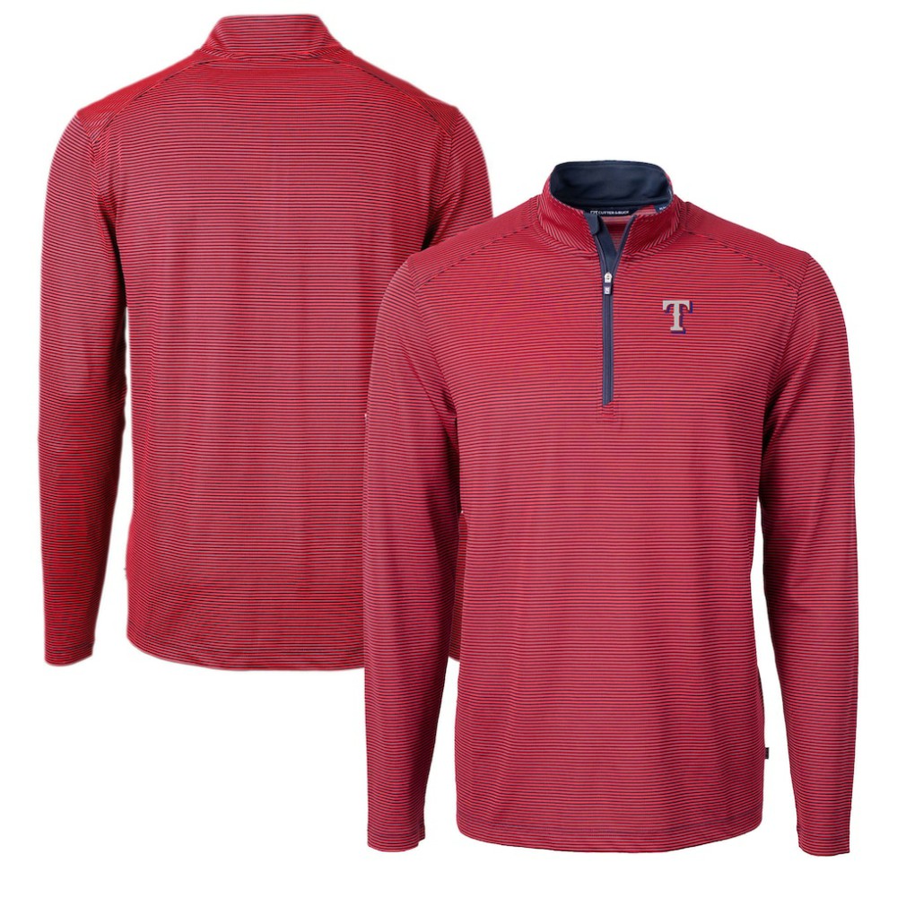 Texas Rangers Cutter & Buck Virtue Eco Pique Micro Stripe Recycled Quarter-Zip Pullover Top Red/Navy