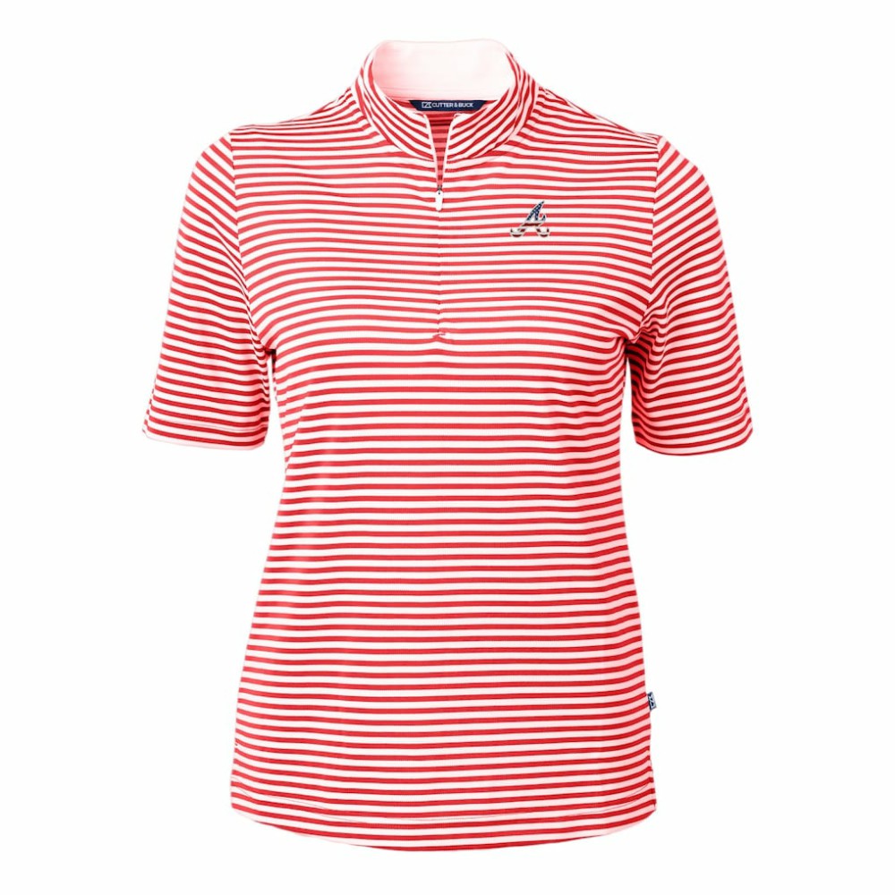Atlanta Braves Cutter & Buck Women's Virtue Eco Pique Stripe Recycled Quarter-Zip Pullover Top Red