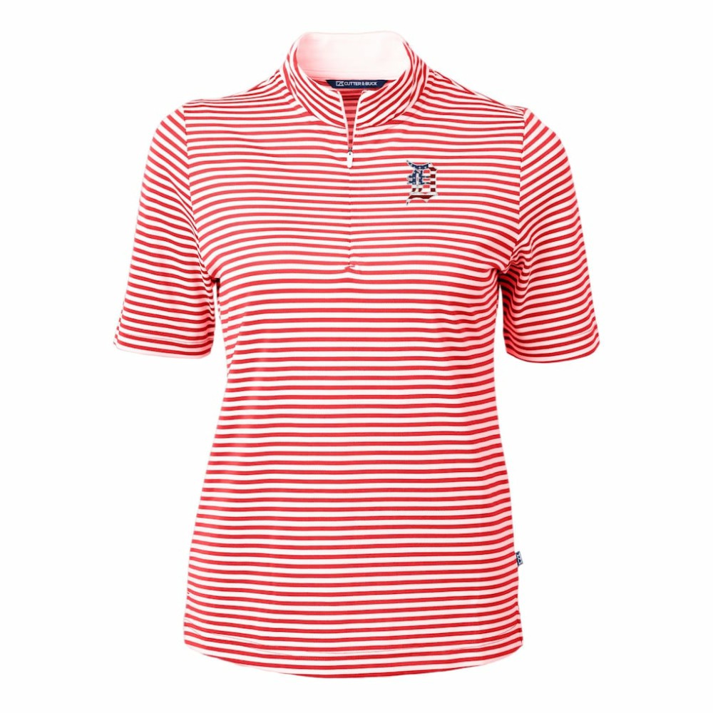 Detroit Tigers Cutter & Buck Women's Virtue Eco Pique Stripe Recycled Quarter-Zip Pullover Top Red