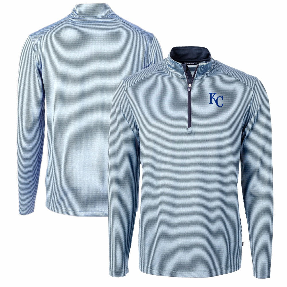 Kansas City Royals Cutter & Buck Virtue Eco Pique Micro Stripe Big & Tall Recycled Quarter-Zip Pullover Top Light Blue/Navy