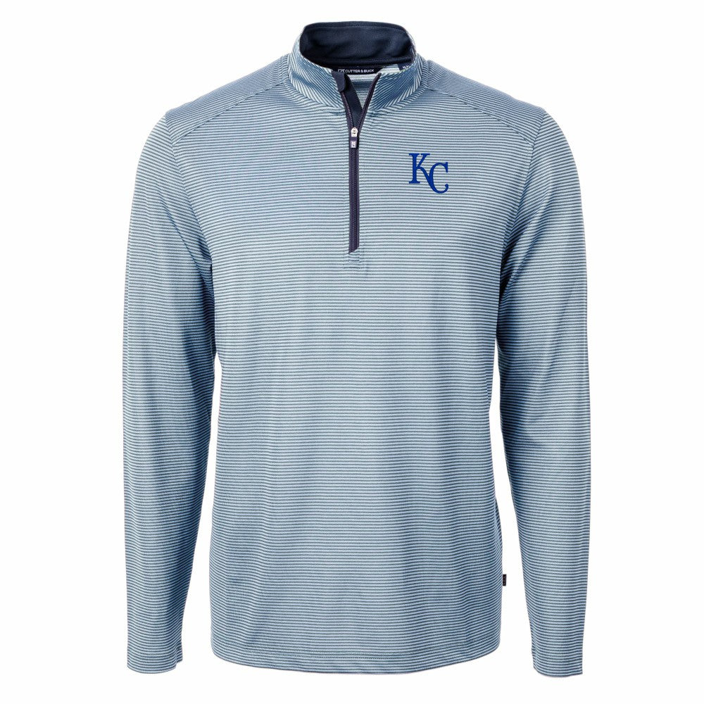 Kansas City Royals Cutter & Buck Virtue Eco Pique Micro Stripe Big & Tall Recycled Quarter-Zip Pullover Top Light Blue/Navy