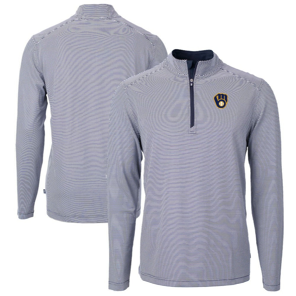 Milwaukee Brewers Cutter & Buck Virtue Eco Pique Micro Stripe Big & Tall Recycled Quarter-Zip Pullover Top Navy/White