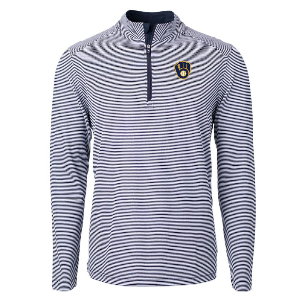 Milwaukee Brewers Cutter & Buck Virtue Eco Pique Micro Stripe Big & Tall Recycled Quarter-Zip Pullover Top Navy/White