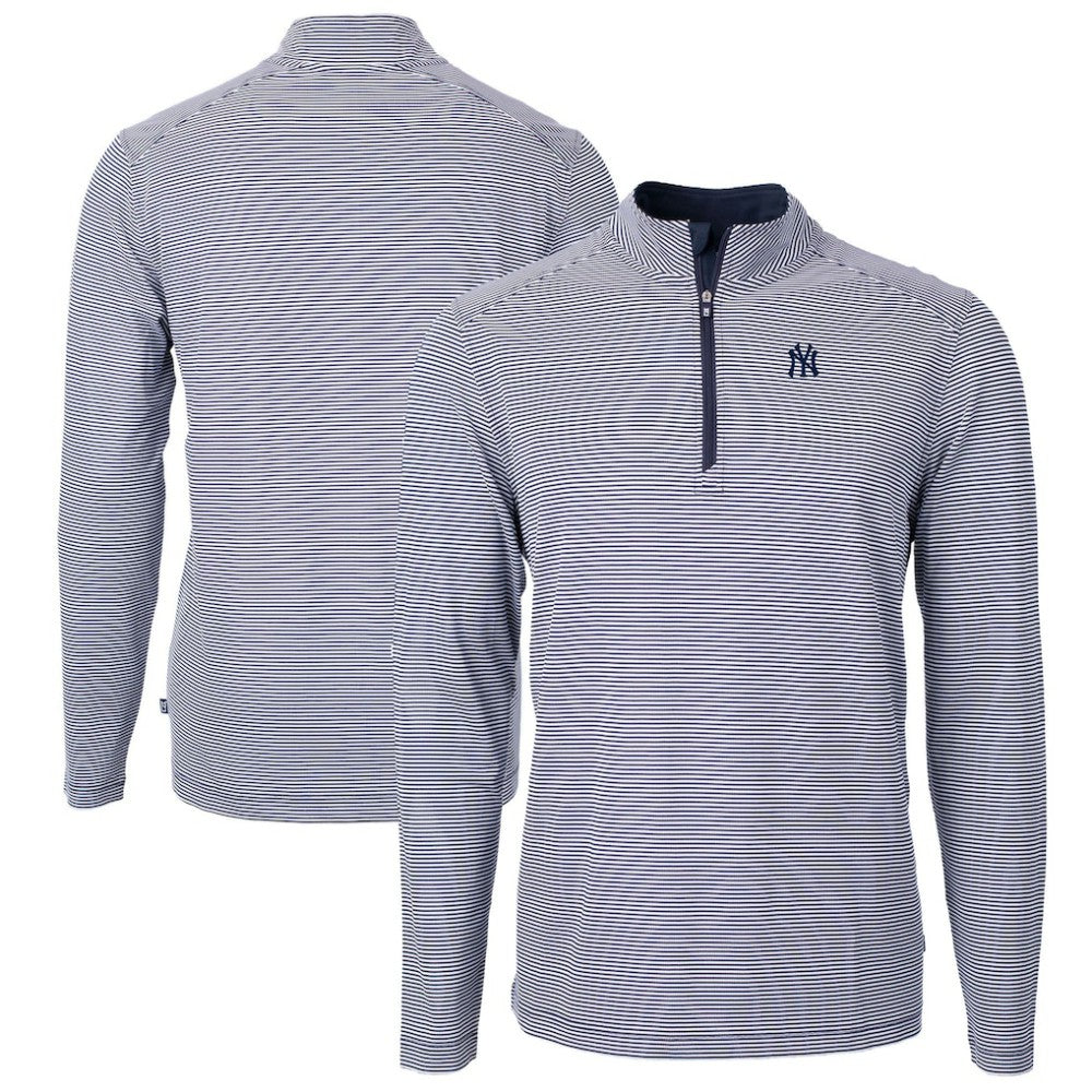 New York Yankees Cutter & Buck Virtue Eco Pique Micro Stripe Big & Tall Recycled Quarter-Zip Pullover Top Navy/White