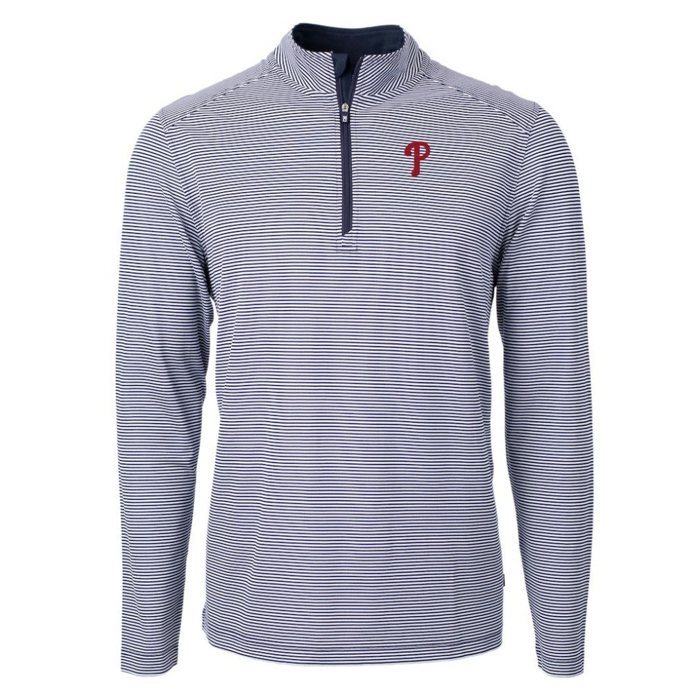 Philadelphia Phillies Cutter & Buck Virtue Eco Pique Micro Stripe Big & Tall Recycled Quarter-Zip Pullover Top Navy/White