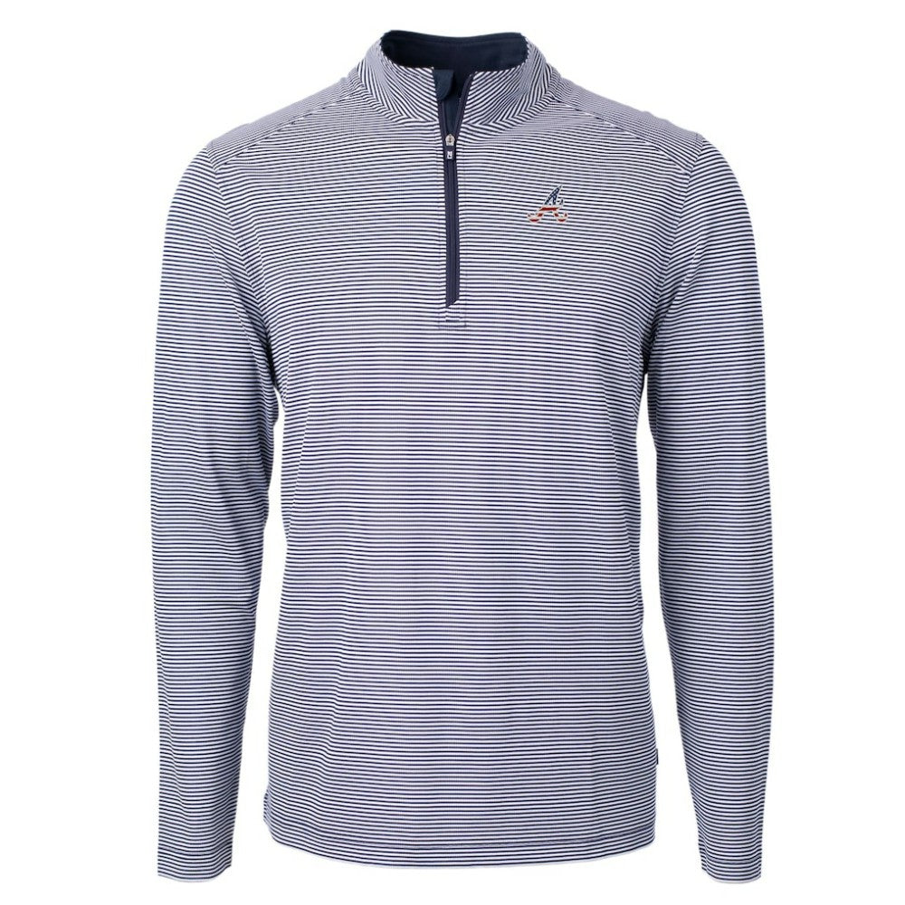 Atlanta Braves Cutter & Buck Americana Logo Virtue Eco Pique Stripe Recycled Quarter-Zip Pullover Top Navy