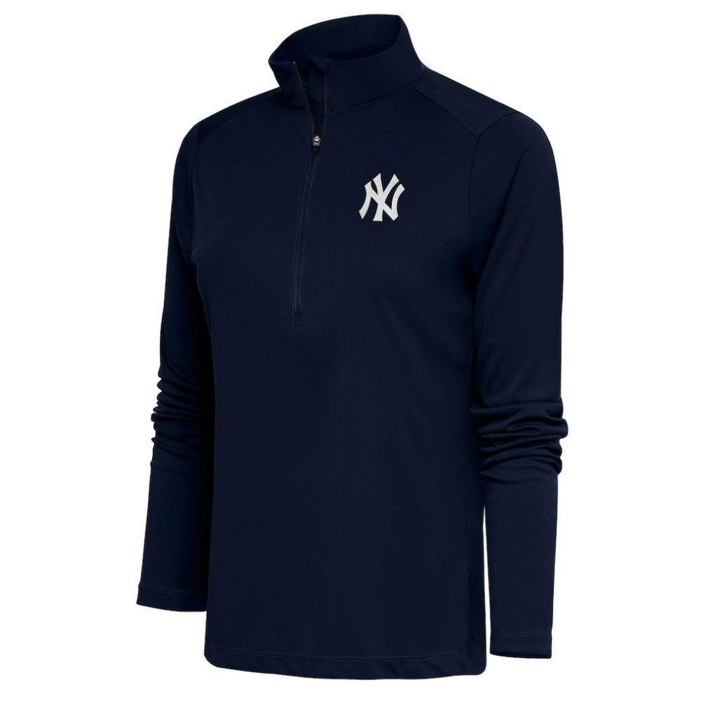 New York Yankees Antigua Women's Brushed Metallic Tribute Half-Zip Pullover Top Navy