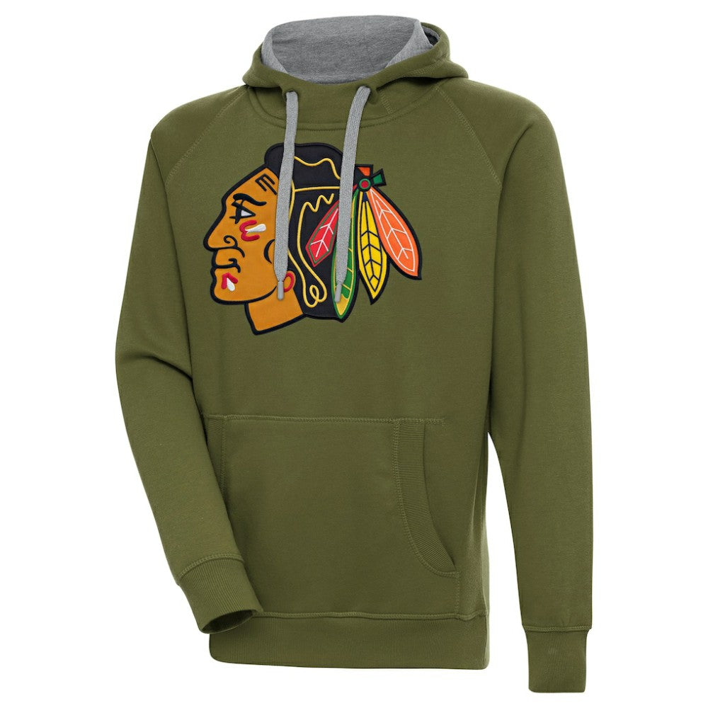 Chicago Blackhawks Antigua Victory Pullover Hoodie - Olive Hoodies