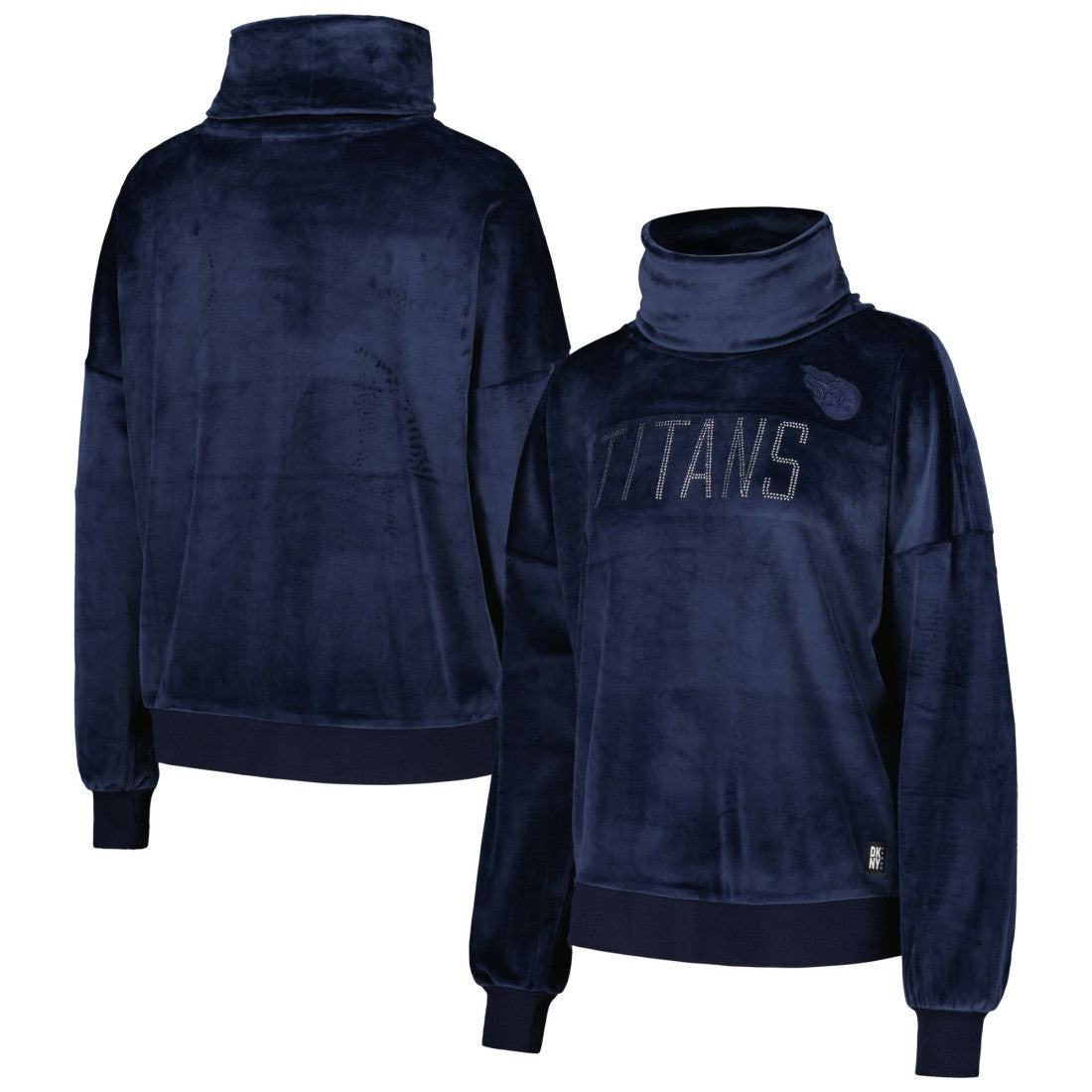Tennessee Titans DKNY Sport Women's Deliliah Rhinestone Funnel Neck Pullover Sweatshirt - Navy on sale