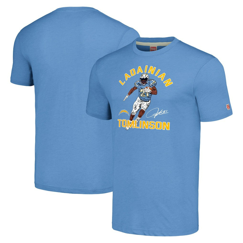 LaDainian Tomlinson Los Angeles Chargers Homage Unisex Unisex Caricature Retired Player Tri-Blend T-Shirt - Powder Blue discount