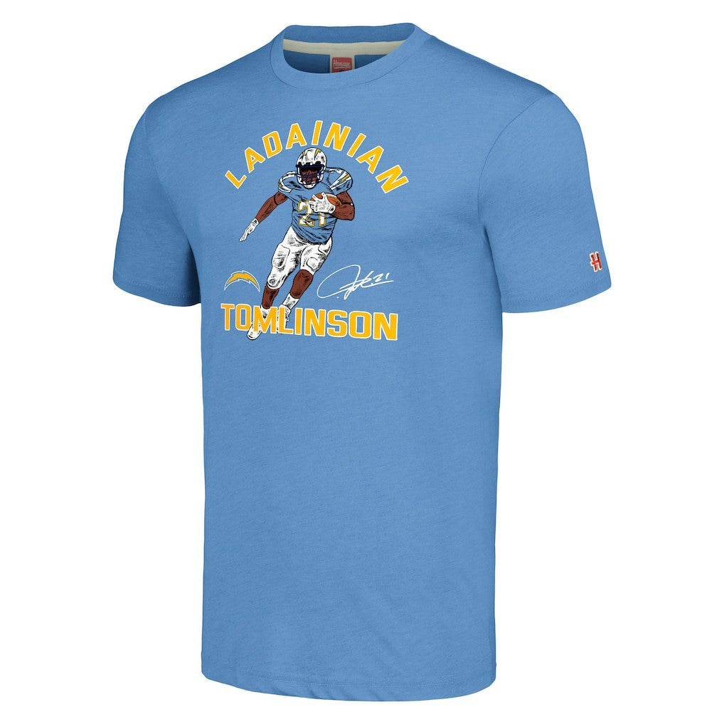 LaDainian Tomlinson Los Angeles Chargers Homage Unisex Unisex Caricature Retired Player Tri-Blend T-Shirt - Powder Blue discount