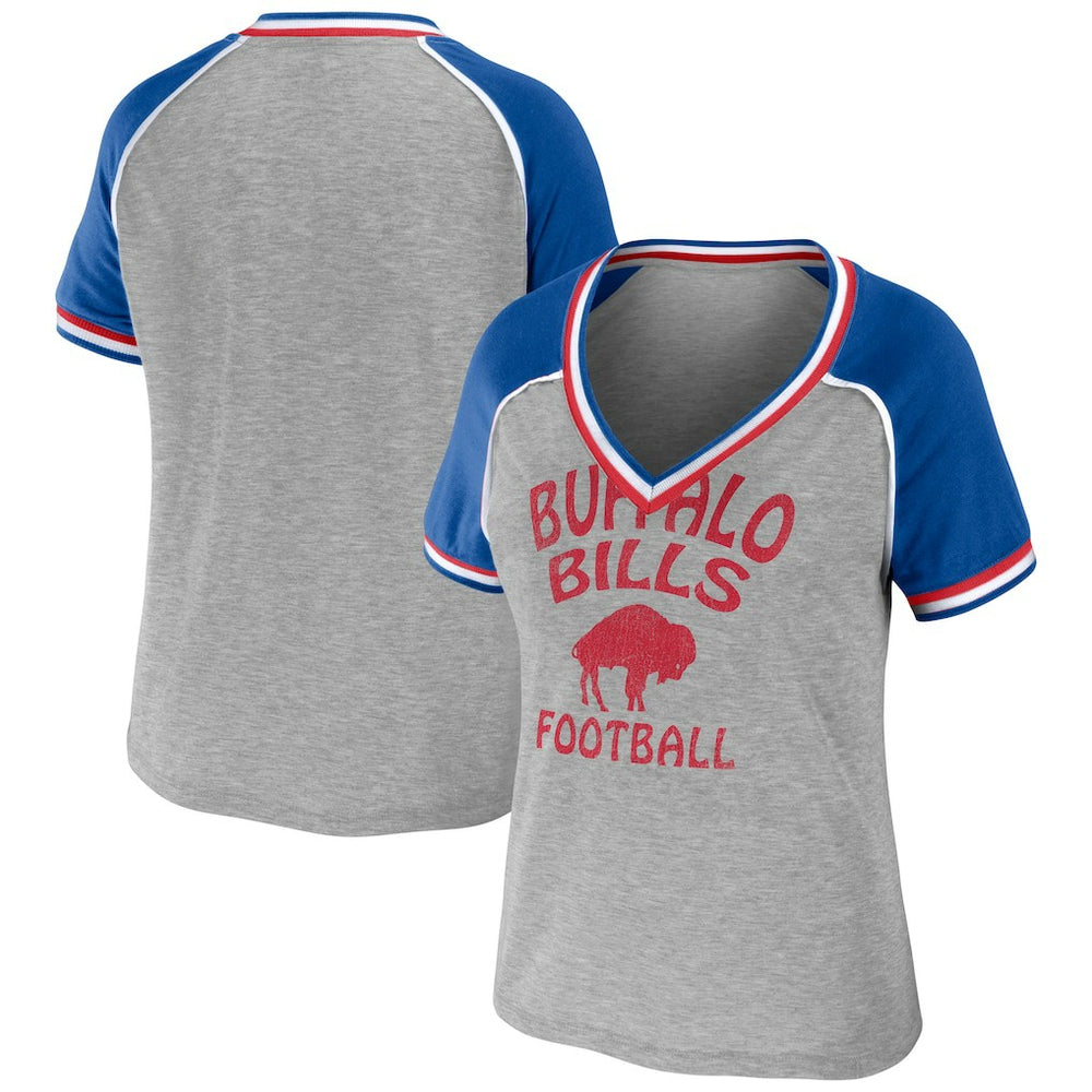 Buffalo Bills WEAR by Erin Andrews Women's Cropped Raglan Throwback V-Neck T-Shirt - Heather Gray for sale