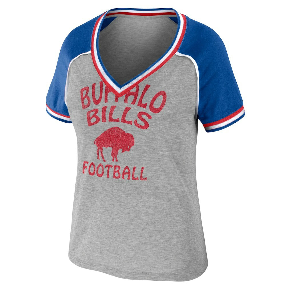 Buffalo Bills WEAR by Erin Andrews Women's Cropped Raglan Throwback V-Neck T-Shirt - Heather Gray for sale