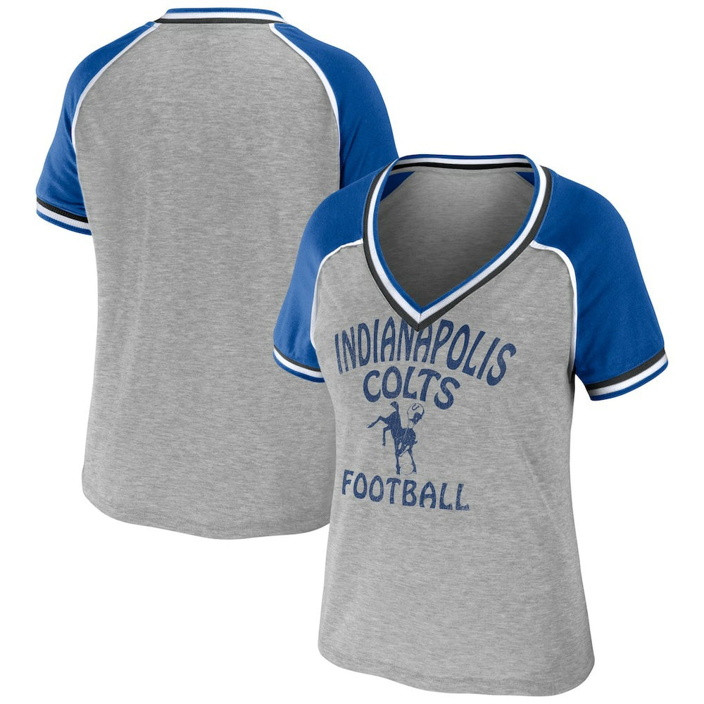 Indianapolis Colts WEAR by Erin Andrews Women's Cropped Raglan Throwback V-Neck T-Shirt - Heather Gray sale
