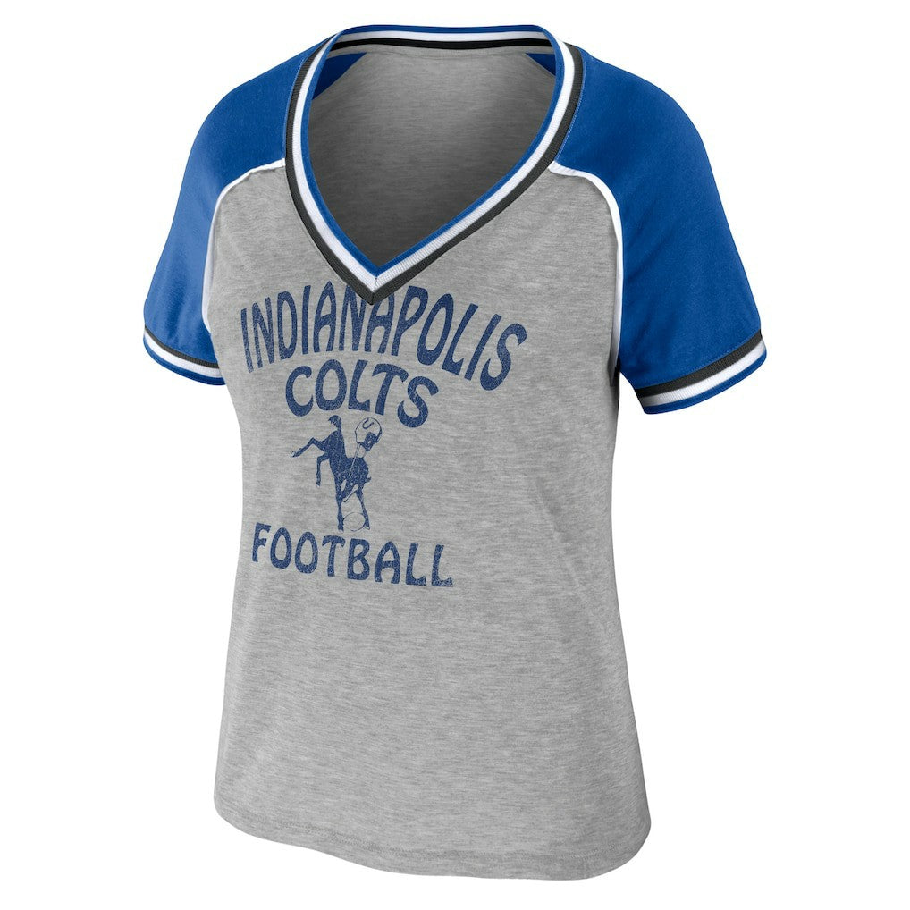 Indianapolis Colts WEAR by Erin Andrews Women's Cropped Raglan Throwback V-Neck T-Shirt - Heather Gray sale