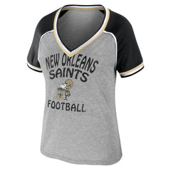 New Orleans Saints WEAR by Erin Andrews Women's Cropped Raglan Throwback V-Neck T-Shirt - Heather Gray cheap