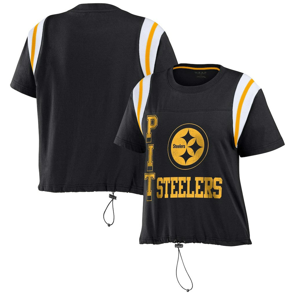 Pittsburgh Steelers WEAR by Erin Andrews Women's Cinched Colorblock T-Shirt - Black on sale