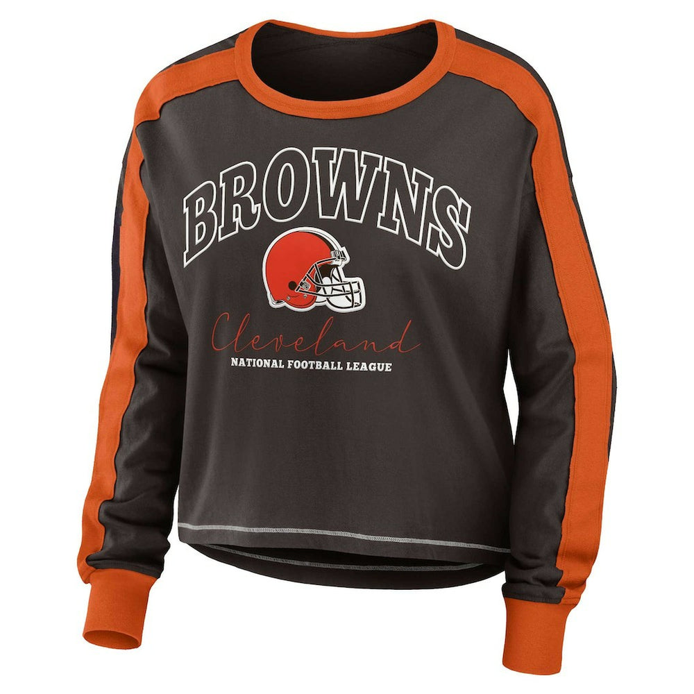 Cleveland Browns WEAR by Erin Andrews Women's Color Block Modest Crop Long Sleeve T-Shirt - Brown/Orange for sale