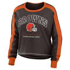 Cleveland Browns WEAR by Erin Andrews Women's Color Block Modest Crop Long Sleeve T-Shirt - Brown/Orange for sale