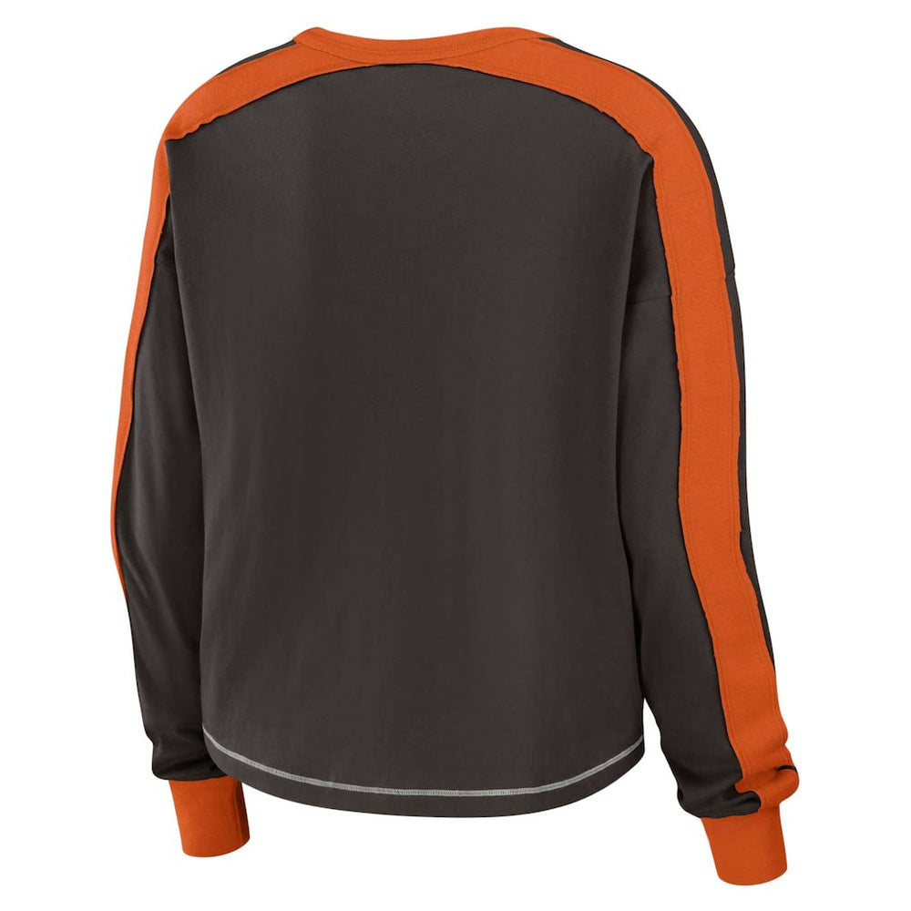 Cleveland Browns WEAR by Erin Andrews Women's Color Block Modest Crop Long Sleeve T-Shirt - Brown/Orange for sale