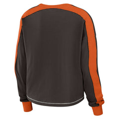 Cleveland Browns WEAR by Erin Andrews Women's Color Block Modest Crop Long Sleeve T-Shirt - Brown/Orange for sale