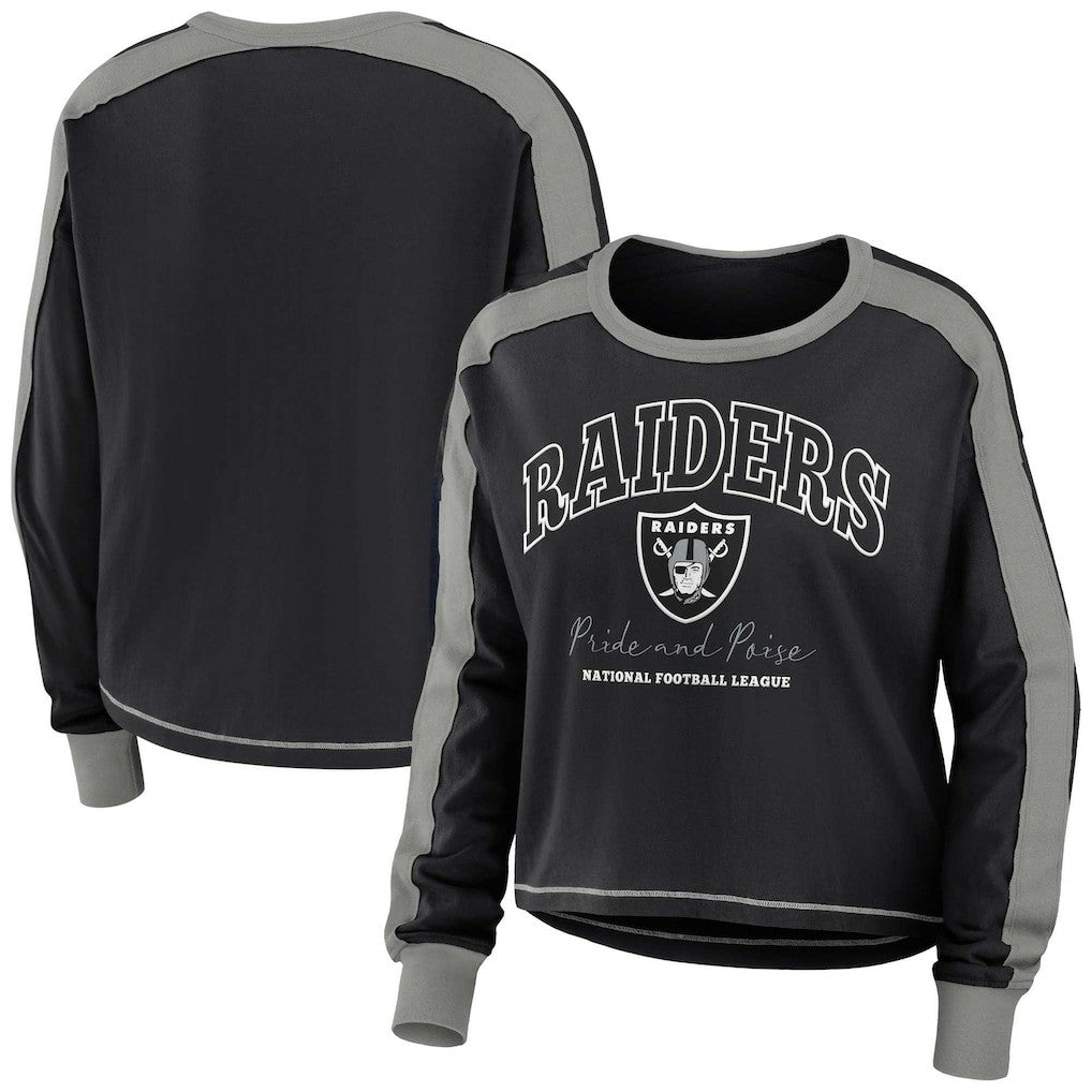 Las Vegas Raiders WEAR by Erin Andrews Women's Color Block Modest Crop Long Sleeve T-Shirt - Black/Silver discount