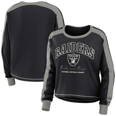 Las Vegas Raiders WEAR by Erin Andrews Women's Color Block Modest Crop Long Sleeve T-Shirt - Black/Silver discount