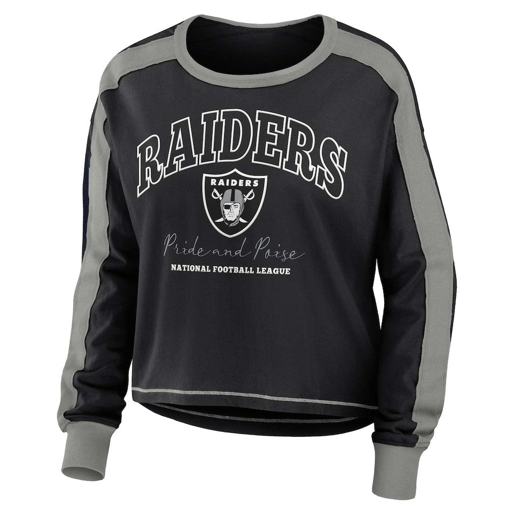 Las Vegas Raiders WEAR by Erin Andrews Women's Color Block Modest Crop Long Sleeve T-Shirt - Black/Silver discount