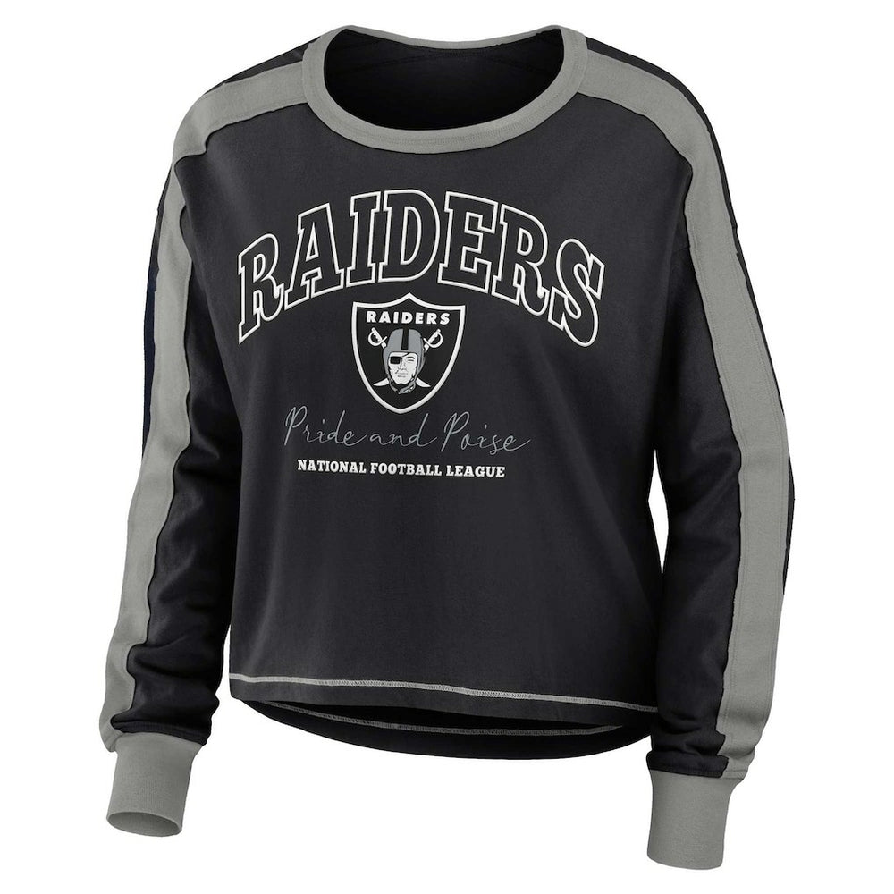Las Vegas Raiders WEAR by Erin Andrews Women's Color Block Modest Crop Long Sleeve T-Shirt - Black/Silver discount