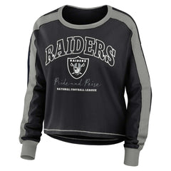 Las Vegas Raiders WEAR by Erin Andrews Women's Color Block Modest Crop Long Sleeve T-Shirt - Black/Silver discount