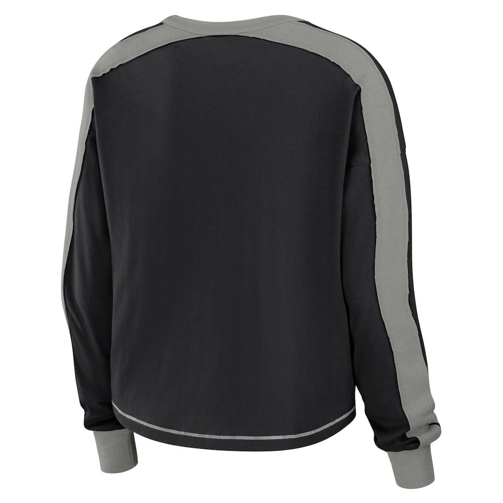 Las Vegas Raiders WEAR by Erin Andrews Women's Color Block Modest Crop Long Sleeve T-Shirt - Black/Silver discount