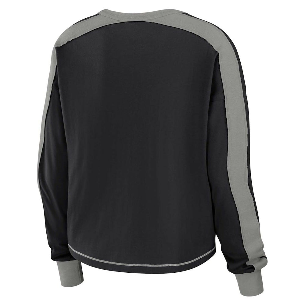 Las Vegas Raiders WEAR by Erin Andrews Women's Color Block Modest Crop Long Sleeve T-Shirt - Black/Silver discount