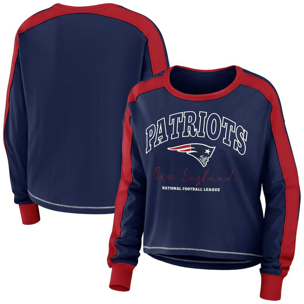 New England Patriots WEAR by Erin Andrews Women's Color Block Modest Crop Long Sleeve T-Shirt - Navy/Red sale