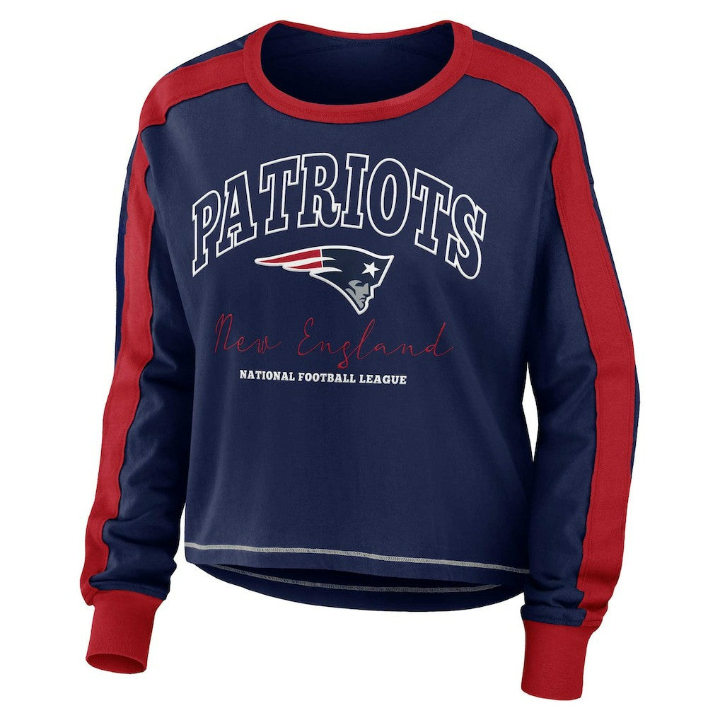 New England Patriots WEAR by Erin Andrews Women's Color Block Modest Crop Long Sleeve T-Shirt - Navy/Red sale