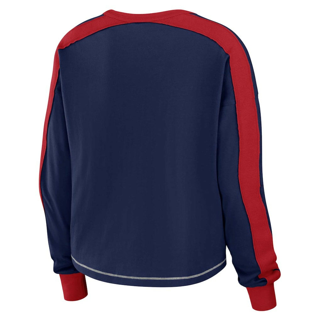 New England Patriots WEAR by Erin Andrews Women's Color Block Modest Crop Long Sleeve T-Shirt - Navy/Red sale