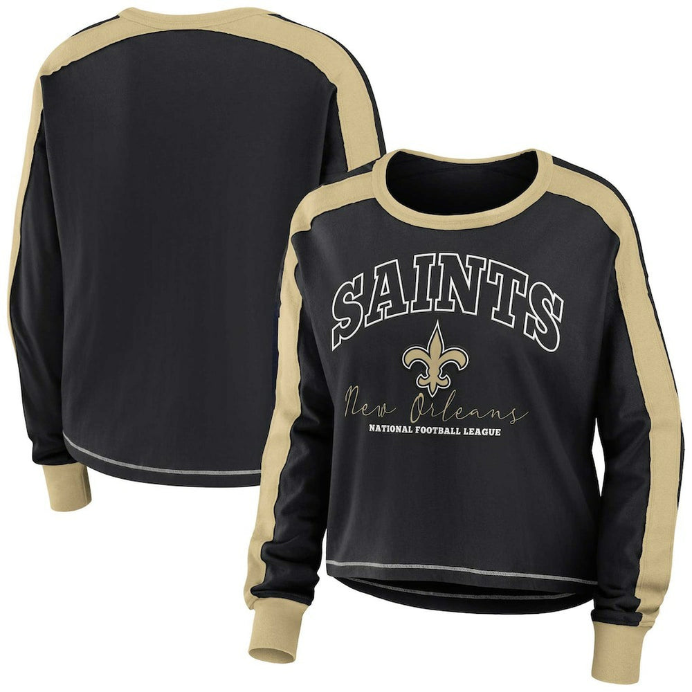 New Orleans Saints WEAR by Erin Andrews Women's Color Block Modest Crop Long Sleeve T-Shirt - Black/Gold for sale