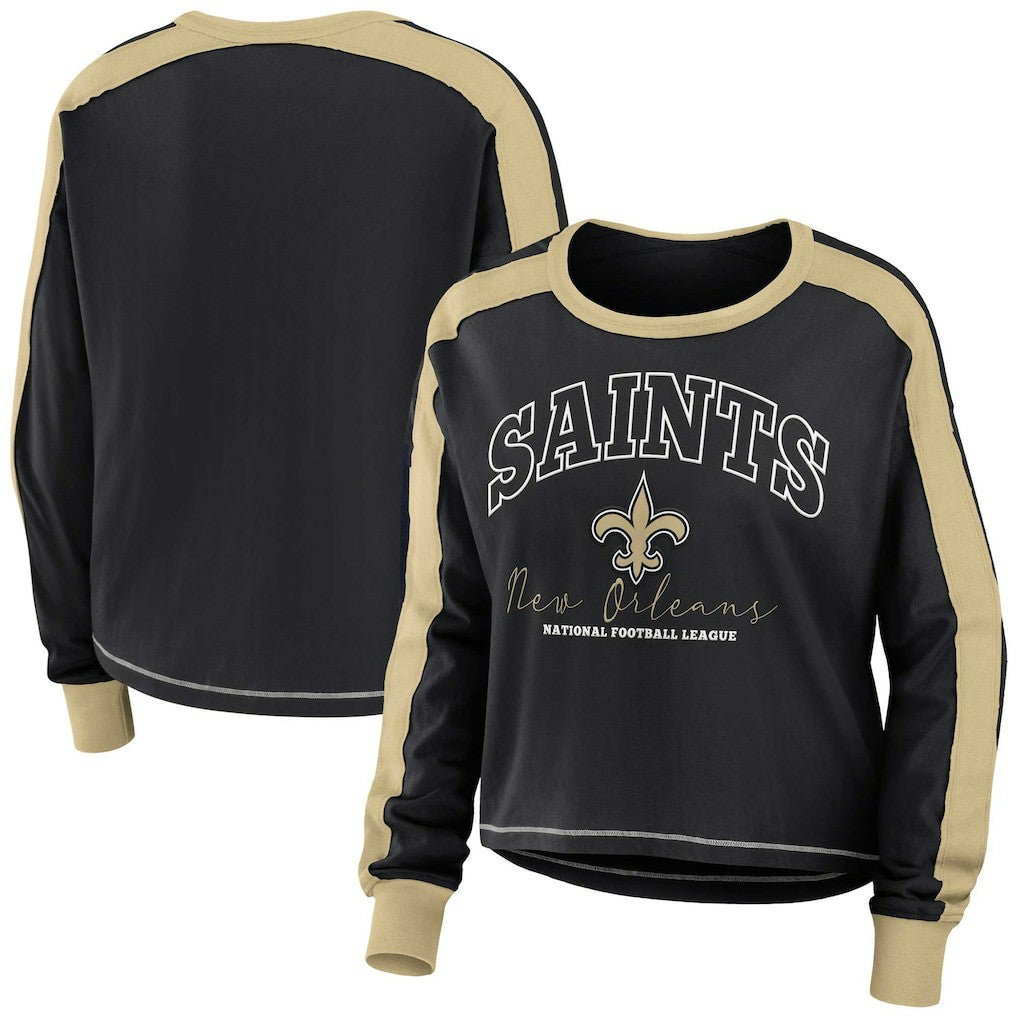 New Orleans Saints WEAR by Erin Andrews Women's Color Block Modest Crop Long Sleeve T-Shirt - Black/Gold for sale