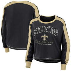 New Orleans Saints WEAR by Erin Andrews Women's Color Block Modest Crop Long Sleeve T-Shirt - Black/Gold for sale