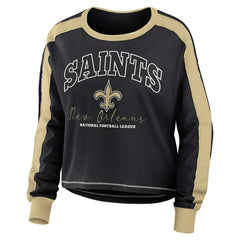 New Orleans Saints WEAR by Erin Andrews Women's Color Block Modest Crop Long Sleeve T-Shirt - Black/Gold for sale