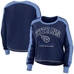 Tennessee Titans WEAR by Erin Andrews Women's Color Block Modest Crop Long Sleeve T-Shirt - Navy/Light Blue for sale