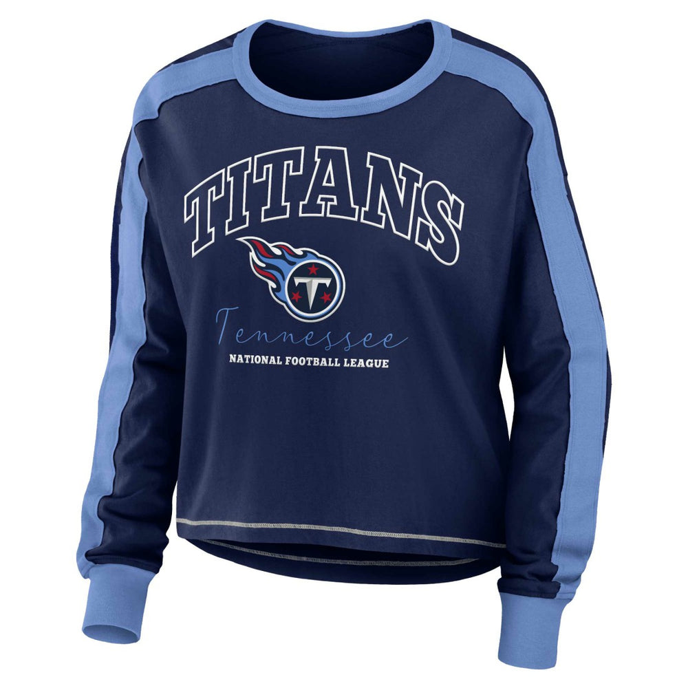 Tennessee Titans WEAR by Erin Andrews Women's Color Block Modest Crop Long Sleeve T-Shirt - Navy/Light Blue for sale