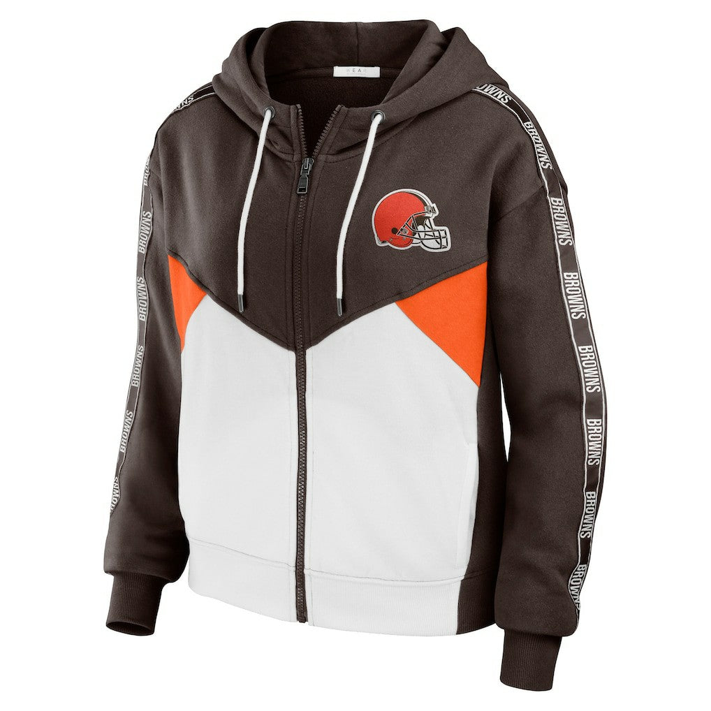 Cleveland Browns WEAR by Erin Andrews Women's Color Block Light Weight Modest Crop Full-Zip Hoodie - Brown/White cheap
