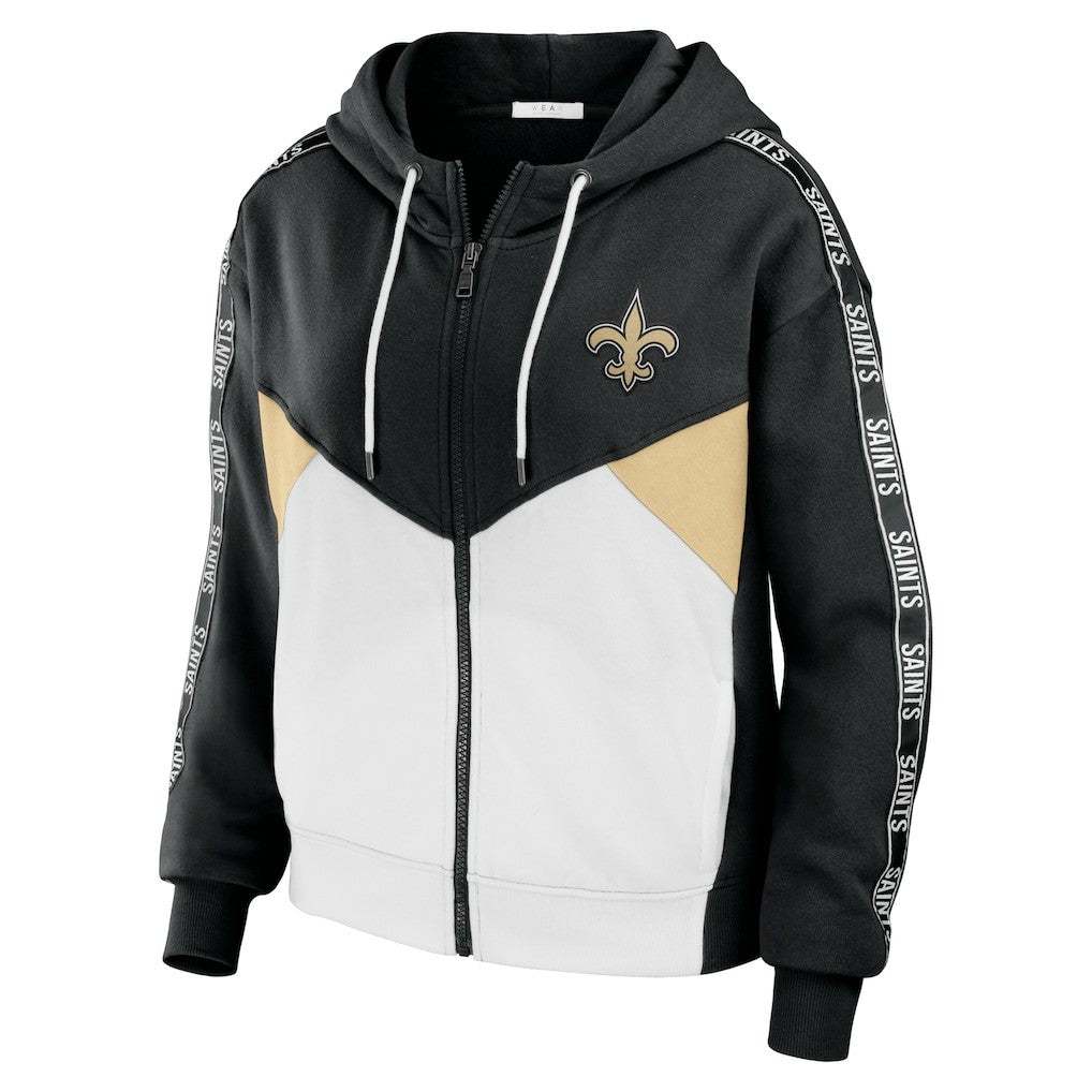 New Orleans Saints WEAR by Erin Andrews Women's Color Block Light Weight Modest Crop Full-Zip Hoodie - Black/White discount