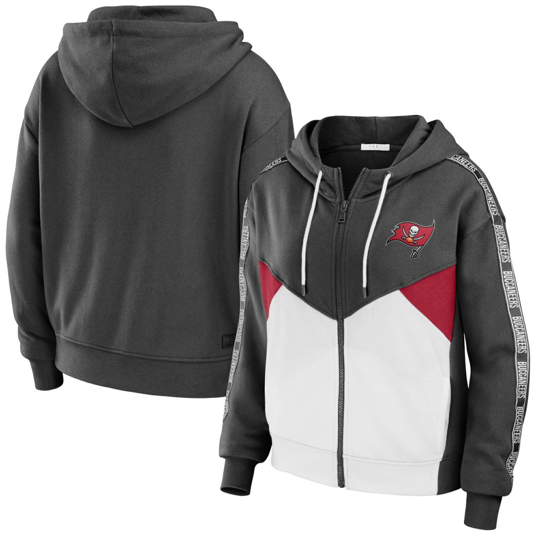 Tampa Bay Buccaneers WEAR by Erin Andrews Women's Color Block Light Weight Modest Crop Full-Zip Hoodie - Pewter/White sale