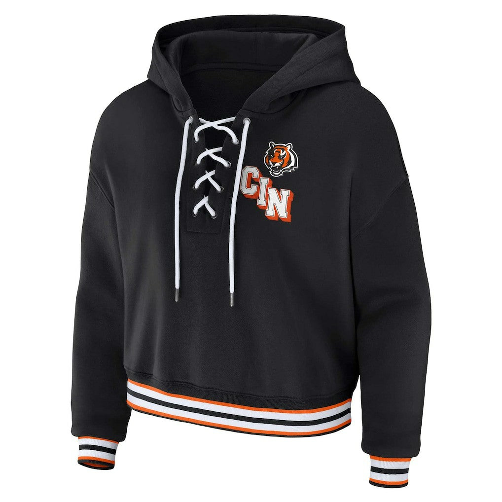 Cincinnati Bengals WEAR by Erin Andrews Women's Plus Size Lace-Up Pullover Hoodie - Black on sale
