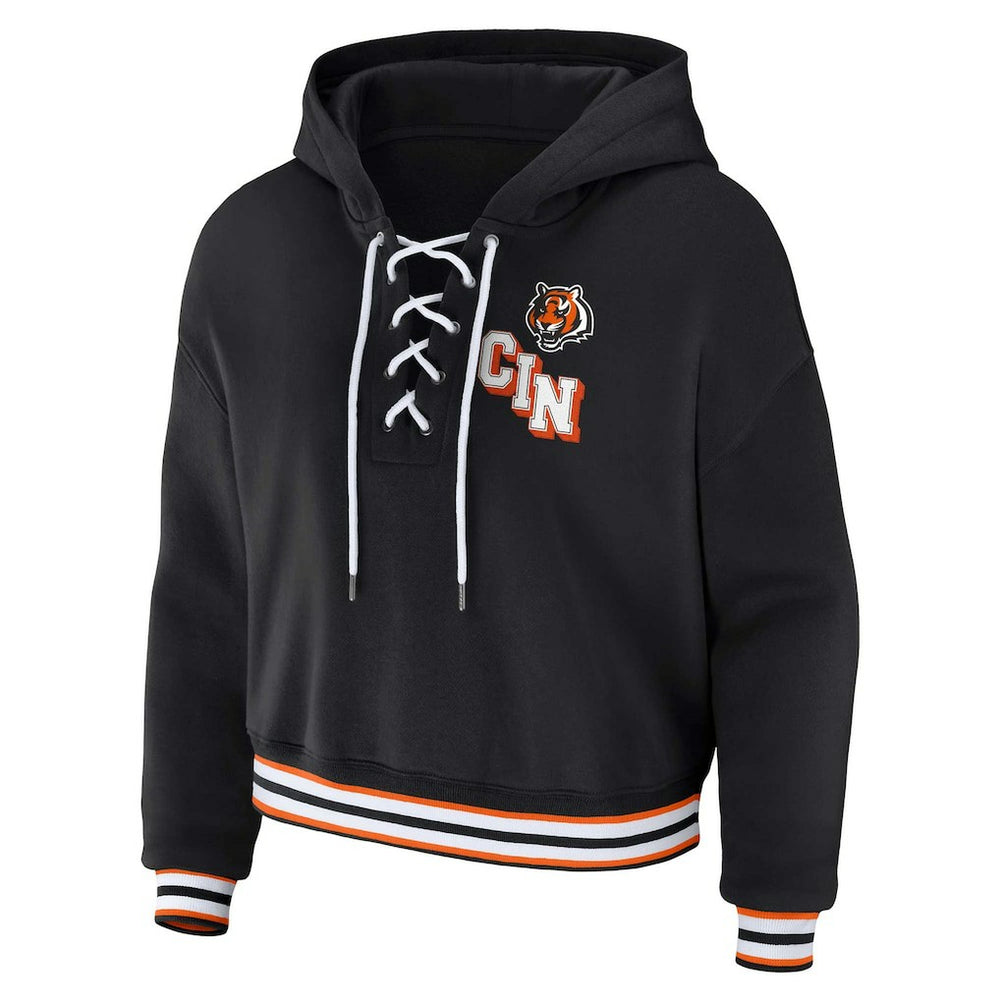 Cincinnati Bengals WEAR by Erin Andrews Women's Plus Size Lace-Up Pullover Hoodie - Black on sale
