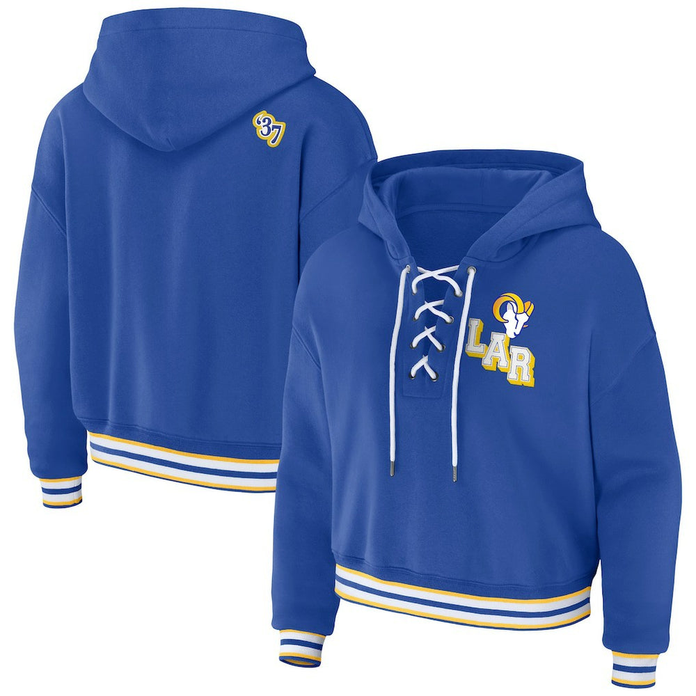 Los Angeles Rams WEAR by Erin Andrews Women's Plus Size Lace-Up Pullover Hoodie - Royal for sale