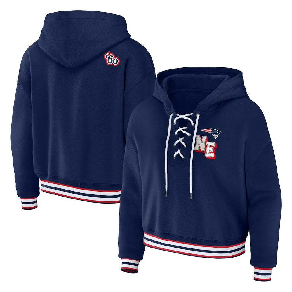New England Patriots WEAR by Erin Andrews Women's Plus Size Lace-Up Pullover Hoodie - Navy on sale
