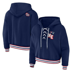 New England Patriots WEAR by Erin Andrews Women's Plus Size Lace-Up Pullover Hoodie - Navy on sale