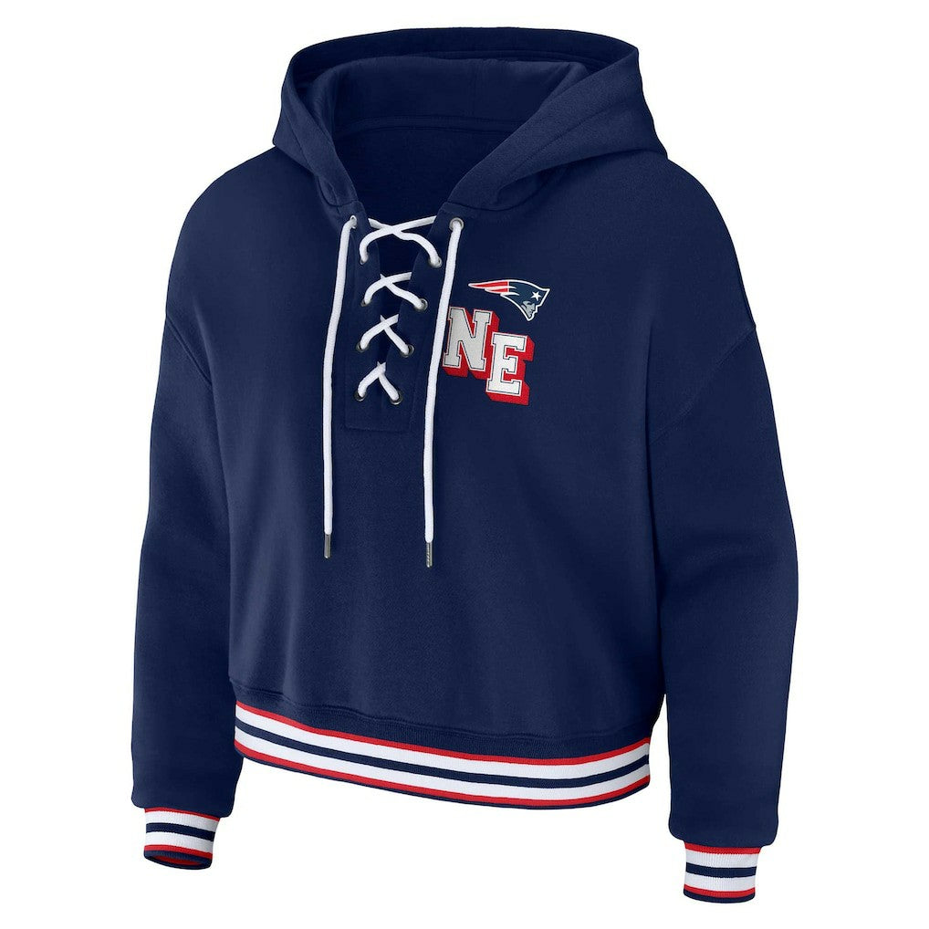 New England Patriots WEAR by Erin Andrews Women's Plus Size Lace-Up Pullover Hoodie - Navy on sale